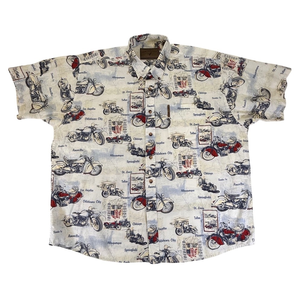 North River Outfitters Mens XL Route 66 Motorcycle Print Button Down